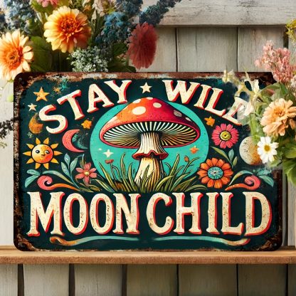 1 "Stay Wild Moon Youngsters" Vintage Mushroom and Floral Wall Decor Sign - Rustic Aluminum Art, 8x12 Inch - Perfect for Living Room, Bathroom or as a Unique Christmas Gift, Moon Decoration, Christmas Decor