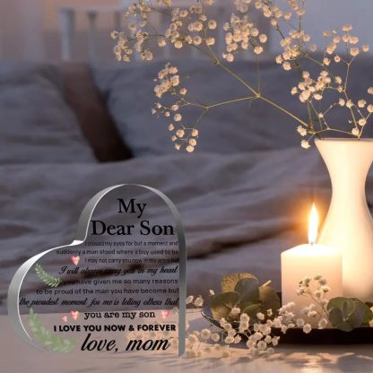 2D Flat, 1pc Clear Heart Shaped Acrylic Keepsake Decorative Plaque - Pride, Love and Forever - Gift from Mother to Son - Birthday Graduation Christmas Wedding Decoration - Acrylic Desktop Decoration - Versatile Home Office Decoration